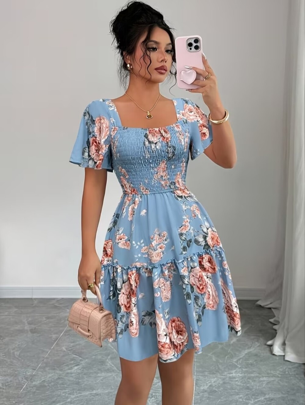 Women'S Fashion Printed Ruffled Short Sleeve Casual Dress